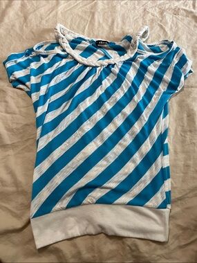 Dkny Blue & White Striped Short Sleeve Tee with Rope Neck